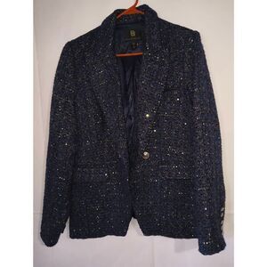 House of Harlow 1960 blue double-breasted tweed jacket shimmering metallic threa